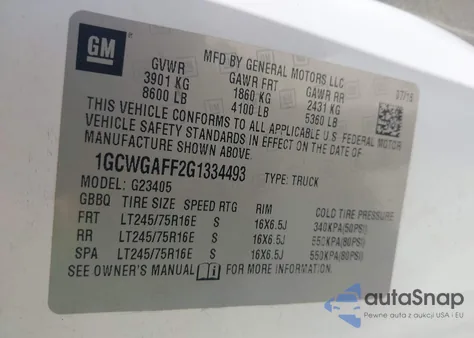 2016 Chevrolet Express 2500 Work Van z USA, uszkodzony, nr VIN 1GCWGAFF2G1334493